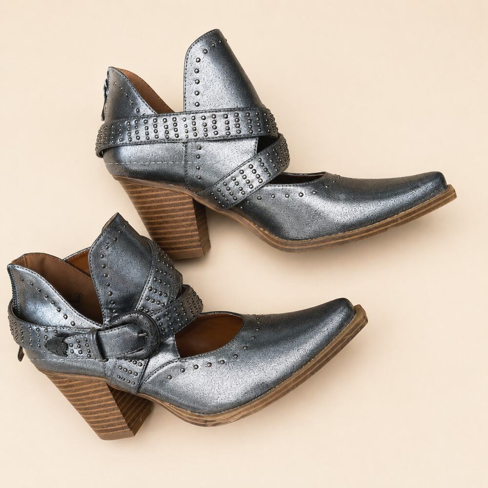 Not Rated Metallic Gunmetal Pointed Toe Cutout Buckle Zipper Western Heels 8M